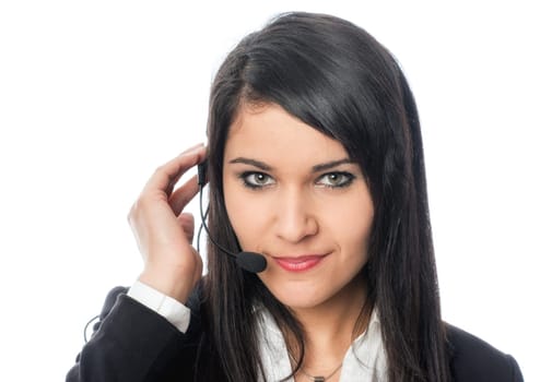 a young black-haired woman wears a headphone