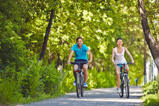Sporty man and woman riding bicycles in summer park