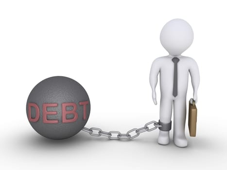Businessman is detained by a chain ball with the word DEBT on it