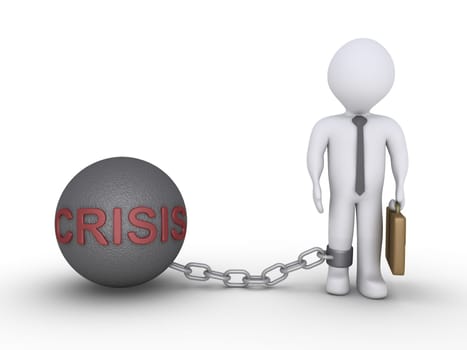 Businessman is detained by a chain ball with the word CRISIS on it