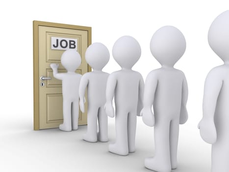 People in line are in front of door with a JOB label on it