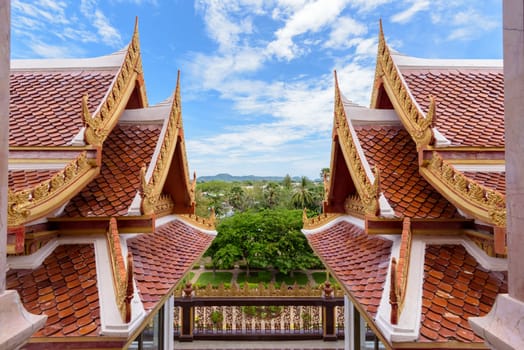 Thai style ancient roof and sky in the temple, Thailand