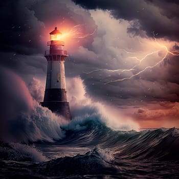 AI generated illustration from lighthouse in big storm with rough ocean and dramatic sky