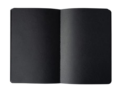 top view closeup of open notebook with black empty pages isolated on white
