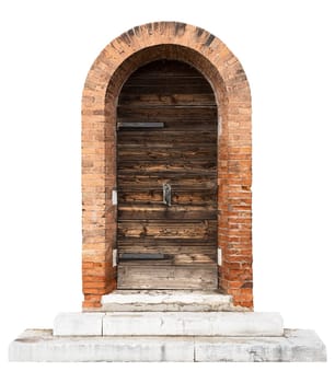 front view closeup of vintage wooden doors with classic brick pattern archway and wide marble stone stairs isolated on white