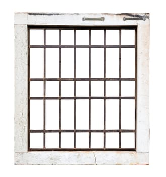 front view closeup of vintage square window with stone marble frame protected with metallic railing bars isolated on white