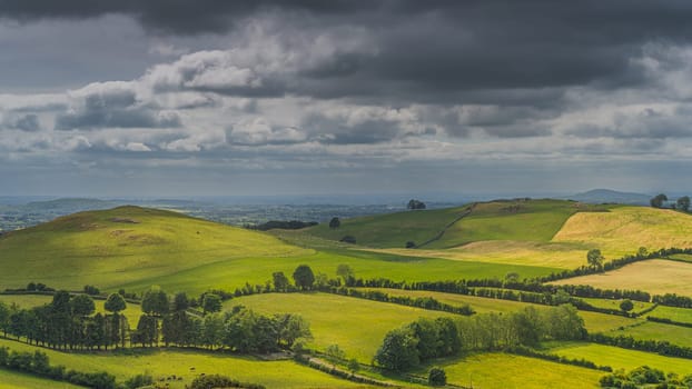 Panoramic, aerial view on cattle and sheeps grazing on green hills and pastures. Ancient Loughcrew Cairns in County Meath, Ireland