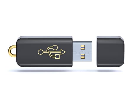 Black opened USB flash drive 3D rendering illustration isolated on white background