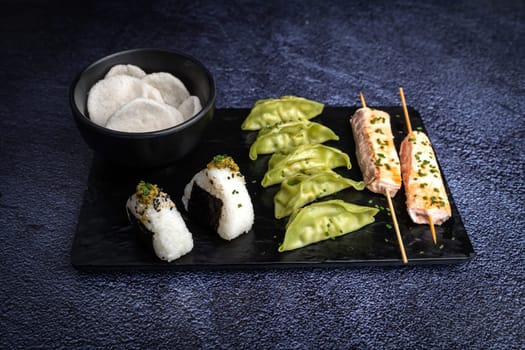 Chinese noodles, ravioli brochettes and  fresh sushis