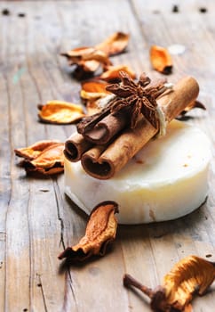 Natural handmade soap bar with anise and cinnamon scent essential oil for beauty bath and body care. Aromatherapy and bathroom still life.
