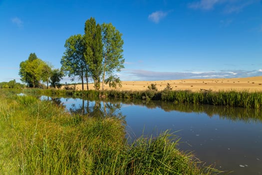 Landscape of a small river and fields in the province of navarra. North of Spain