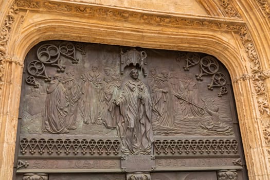Detail of the sculpturres over the main portal of the Cathedral of Saint Mary. Burgos, Spain