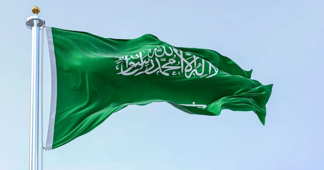 Saudi Arabia national flag waving in the wind on a clear day. Green field with Shahada and sword in Thuluth script. Rippled fabric. 3d illustration render