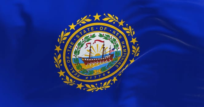 Detail of New Hampshire state flag waving. New Hampshire state seal on a dark blue field. US state flag. Rippled fabric. 3d illustration render. Close-up. Textured background