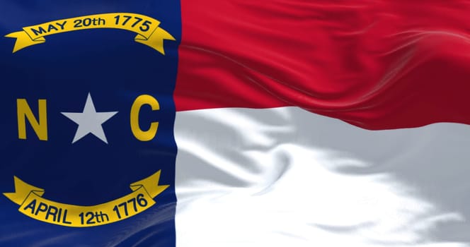 North Carolina state flag waving. North Carolina is a state in the Southeastern region of the United States. Rippled fabric. 3d illustration render. Close-up. Textured background