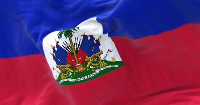 Detail of the Haiti national flag waving. Blue and red horizontal bands with the haitian coat of arms in a white square. 3d illustration render. Selective focus. Close-up. Textured background