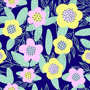 Cool trendy pattern with flowers. Bright yellow and pink flowers on a dark blue background. Hand-drawn seamless pattern. Cute childish fashion print.