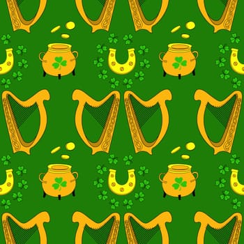 Cool trendy pattern with clover. Irish harp. Hand-drawn seamless pattern. Cute saint patrick fashion print.