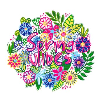 day of spring equinox. Spring mood. For printing on a t-shirt, postcard, poster for a girl with flowers. Round inspirational quote design.