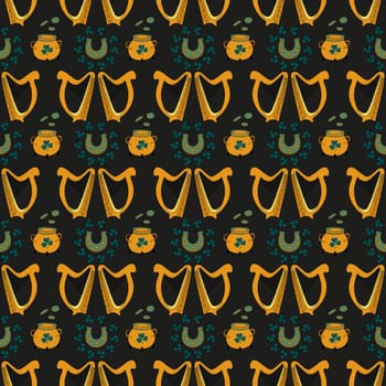 Cool trendy pattern with clover. Irish harp. Hand-drawn seamless pattern. Cute saint patrick fashion print.