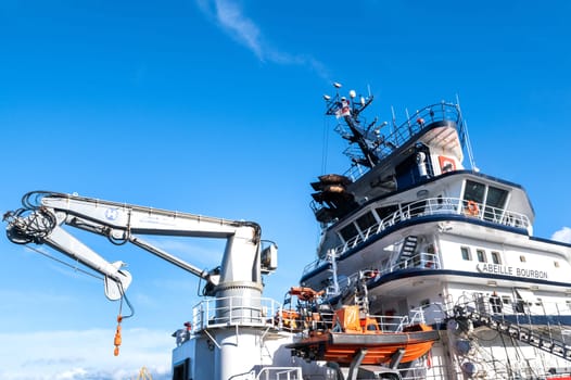 January 17 2023, Brest, Bretagne, France : The famous tug named Abeille Bourbon in the port of Brest. The Abeille Bourbon is a French intervention, assistance and salvage tug, sister ship of the Abeille Liberté, 80 meters long with a pulling force of 200 tons