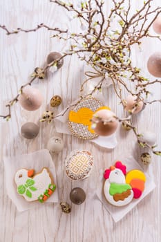 Easter egg gingerbread cookies with branches. Spring concept.
