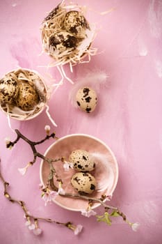 Easter eggs and pink flowers on pink background. Easter, and spring concept
