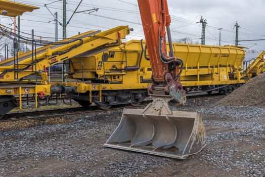 Track construction wagons in a storage area of the German Federal Railways