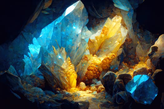 Magically glowing crystals in a dark cave.