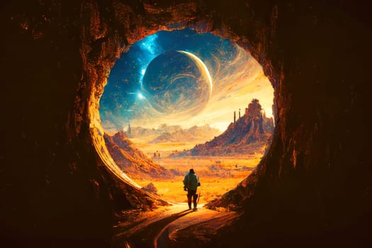 A person goes through a gate into a foreign world.