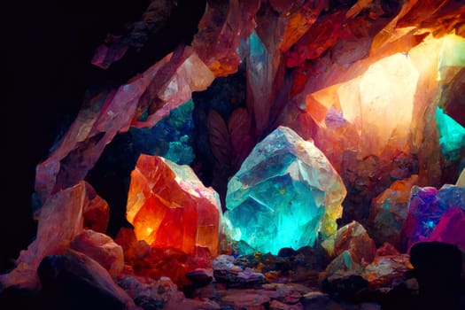 Magically glowing crystals in a dark cave.