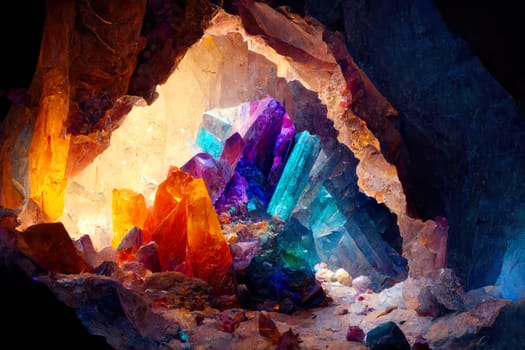 Magically glowing crystals in a dark cave.