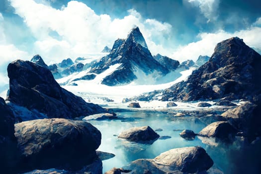 Fantastic landscape with snowy mountains and cloudy sky.
