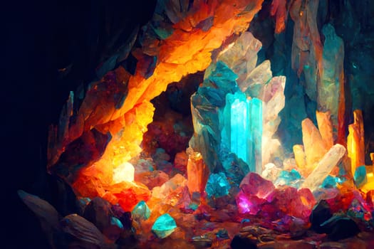 Magically glowing crystals in a dark cave.