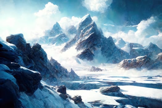 Fantastic landscape with snowy mountains and cloudy sky.