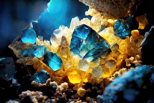 Magically glowing crystals in a dark cave.