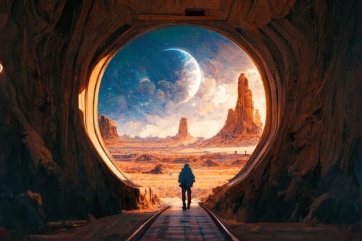 A person goes through a gate into a foreign world.
