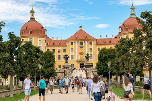 Moritzburg, Germany - AUG 23, 2020. Baroque Moritzburg Castle near Dresden. The former hunting lodge became a royal pleasure palace under August the Strong in Saxony.