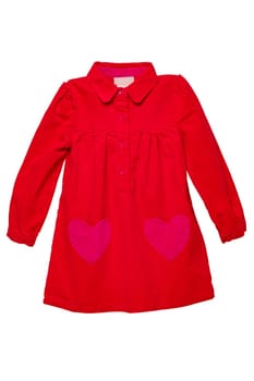 Summer dress isolated. A beautiful red girl's dress with attached heart shaped pockets and long sleeves isolated on white. Kids spring and autumn fashion.