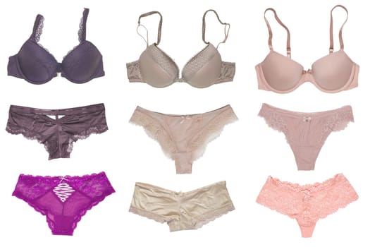 Underwear woman isolated. Collage of luxurious elegant lacy thongs panties and female stylish various bra with laces and straps. Set of sexy lace lingerie.