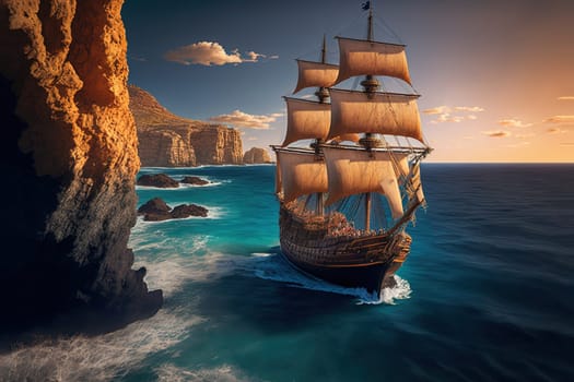 Pirate ship sailing in ocean near an island coast created with Generative AI technology.