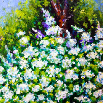 Beautiful lilac flowers with leaves. Floral pattern. Acrylic painting. Hand drawn illustration. Design greeting card, postcard, label lilac fragrance. Floral spring purple lilac flowers background.