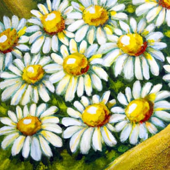 White daisy flowers. Postcard or label design. Drawing painting acrylic style. Yellow orange flower earring. Aroma of chamomile pharmacy. Large blooming inflorescences on a green background. Meadow