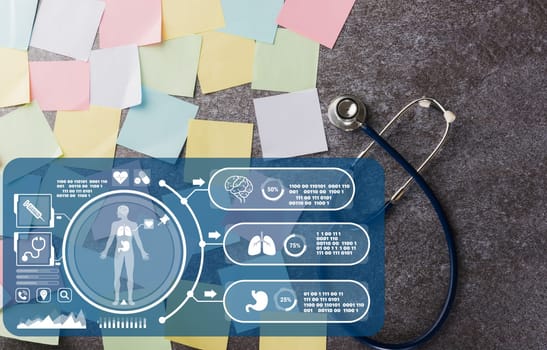 Doctor Day Concept, Top view of many blank paper stick note list with doctor doctor stethoscope on concrete board for write note stick memory work today, Medical and Healthcare