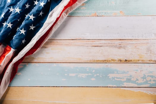 USA flag for Memorial day on abstract wooden background, Banner template design of presidents day concept, flag of United States American with copy space, President's Day
