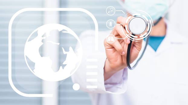 Doctor Day Concept. Doctor man wearing white coat standing holds his stethoscope on hand for listening check up lungs or heart, person showing medical equipment, healthcare close up view