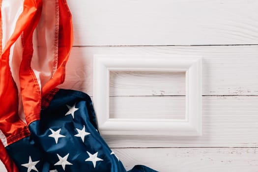 USA flag for Memorial day on abstract wooden background, Banner template design of presidents day concept, above flag of United States American with photo frame, Presidents Day, holiday background