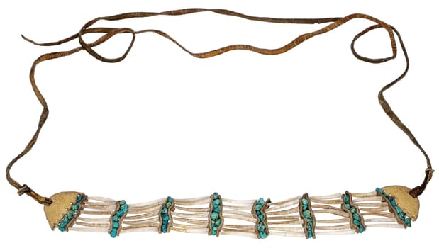 Indian necklace made of shells, turquoise and leather stripes. Isolated on white with copyspace