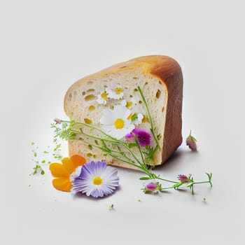 Toast bread with fresh flowers, spring and summer season, plants from the garden, healthy food, generative AI