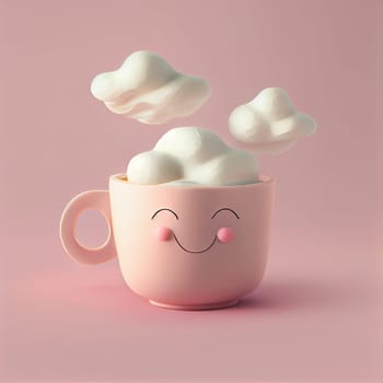 Cup of coffee with a happy smiling face and steam clouds, wake up in the morning, hot drink with caffeine, positive attitude, generative AI